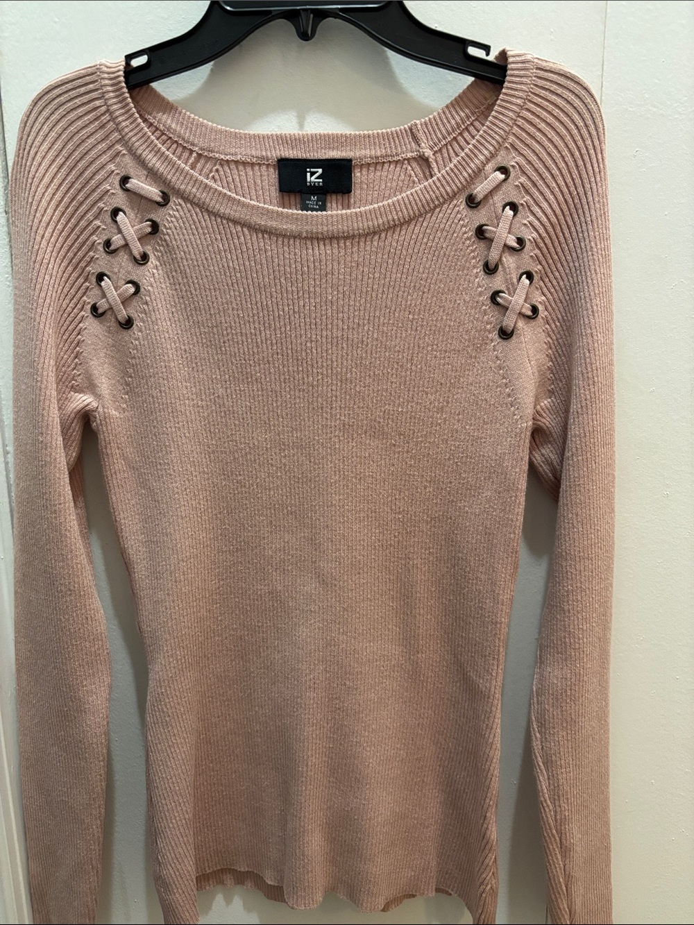 Blush Lace-Up Shoulder Ribbed Sweater